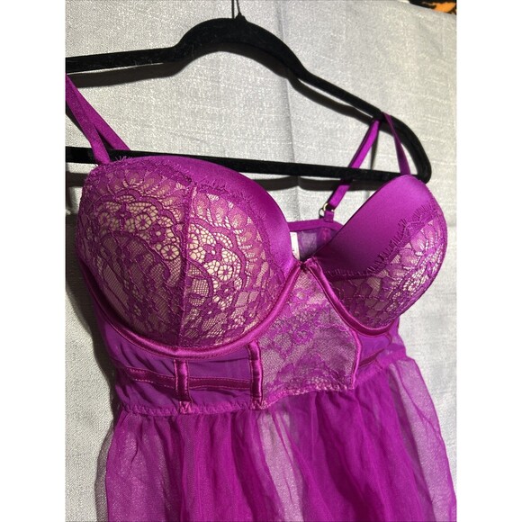 Victoria's Secret Babydoll Bra 36D Sexy Pink Purple Sheer Lace Padded Lingerie - Picture 2 of 9